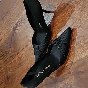 Nina Black satin beaded leather-soled 3" heels